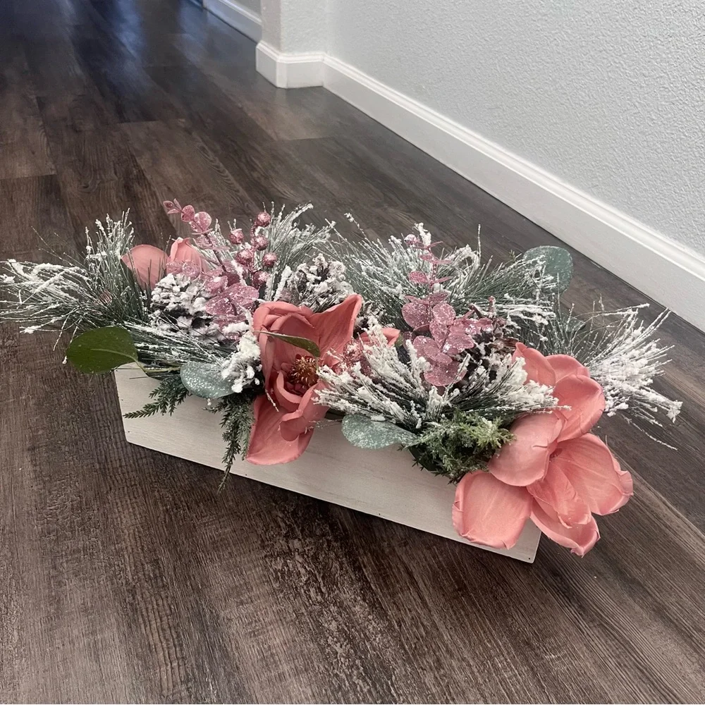 Elegant Pink and Green Floral Holiday Christmas Arrangement